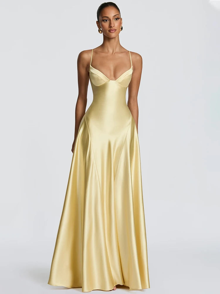 Satin Spaghetti Strap Sexy Maxi Dress Women Elegant Deep V Neck Sleeveless Backless Pleated Evening Club Party Dresses