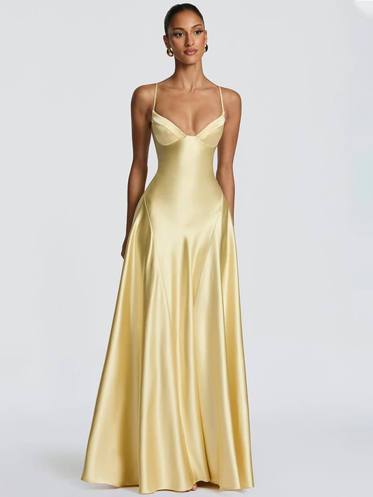 Satin Spaghetti Strap Sexy Maxi Dress Women Elegant Deep V Neck Sleeveless Backless Pleated Evening Club Party Dresses