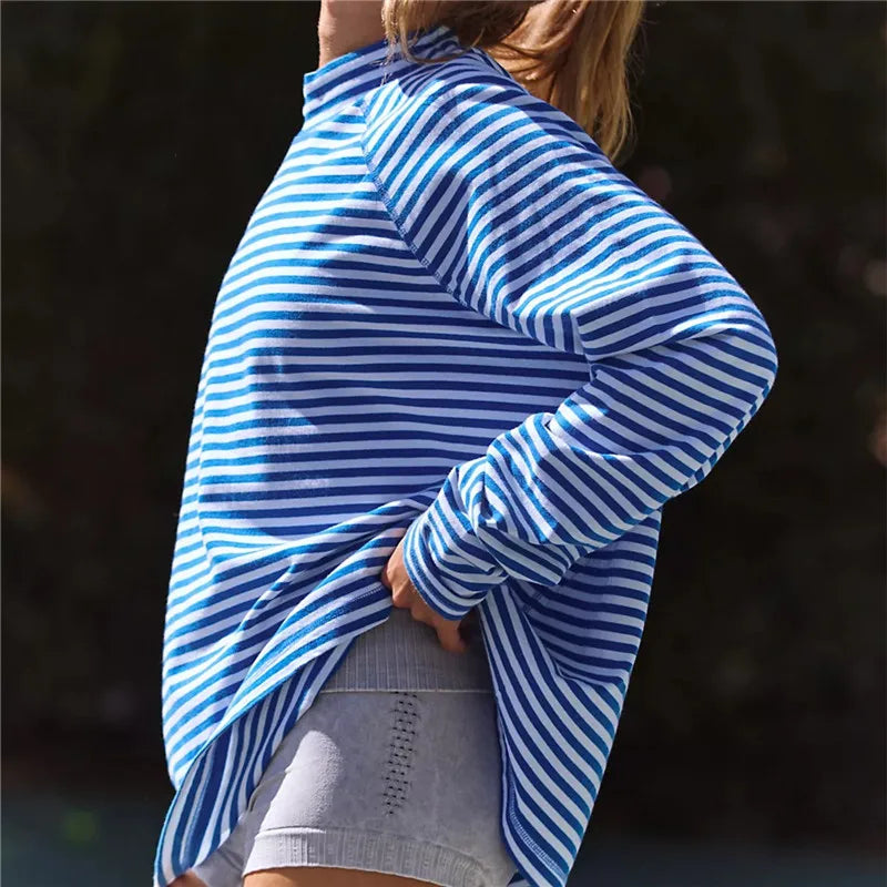 Y2K Women Mock Neck Striped Long Sleeve Top Raglan Oversized T Shirt Casual Outdoor Workout Sportswear with Side Slit