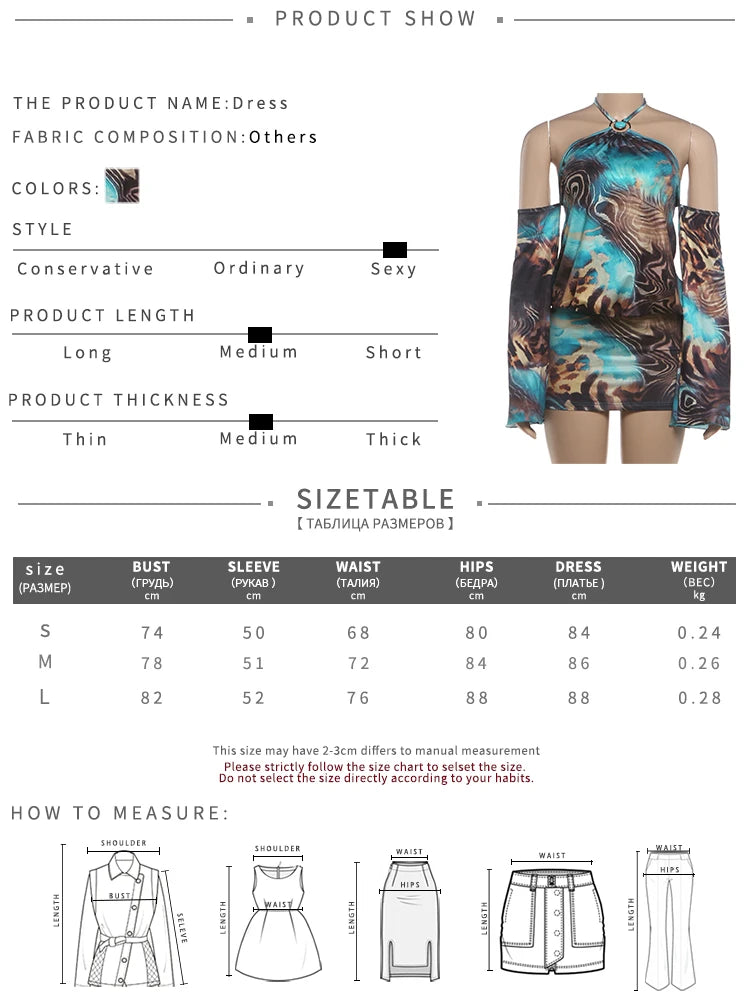 Colorful Print Mini Dress Woman Beads Decoration Halter Off Shoulder Full Sleeve High Street Fashion Style Bodycon