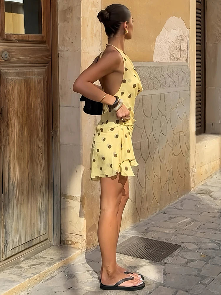 Backless Mesh Dress Women Sexy Polka Dot Print Swing Collar Halter Irregular Hem Fashion Vacation Party Club Bodycon
