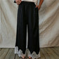 Women Elastic Waist Satin Wide Leg Pants Scalloped Lace Hem With Pockets Loose Silky Glossy Casual Vacation Trousers