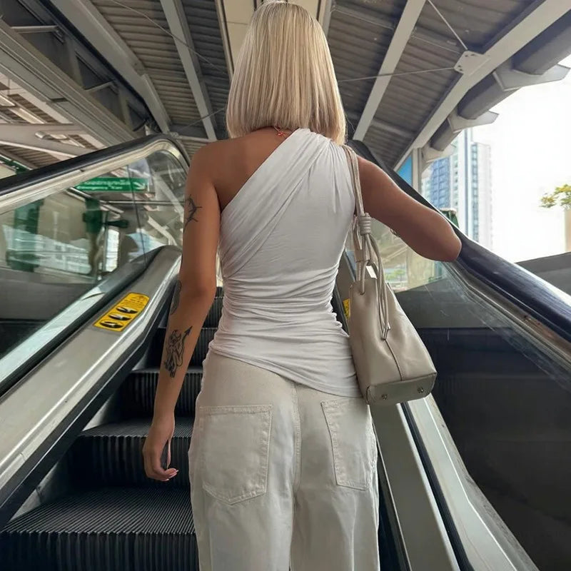 Trendy Asymmetrical Tops for Woman Streetwear Clothing Twisted One Shoulder Ruched Tank Tops White