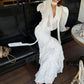 Polka Dot Print Mesh 2 Piece Set Women Trend Cross V-Neck Full Sleeve Tops+Ruffled Patchwork Skirt Elegant Party Suit