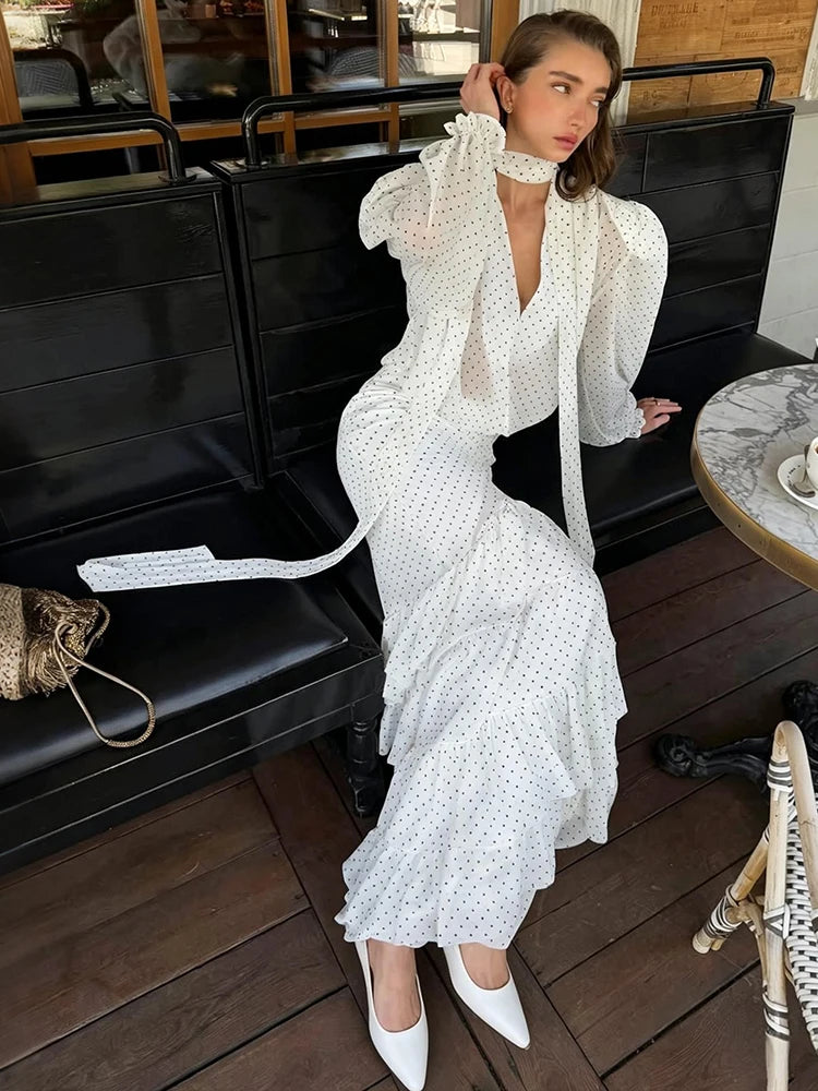 Polka Dot Print Mesh 2 Piece Set Women Trend Cross V-Neck Full Sleeve Tops+Ruffled Patchwork Skirt Elegant Party Suit
