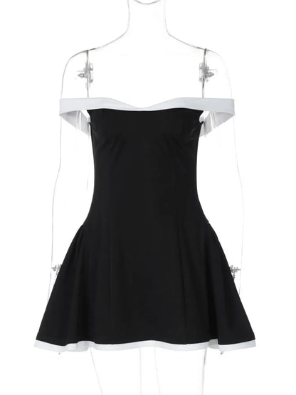 Off-shoulder Strapless Sexy Mini Dress Women Fashion Patchwork Sleeveless Backless High Waist A-line Club Party Dress