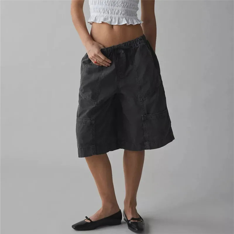 Cargo Bermuda Shorts Women Drawstring Elastic Waist Multi Pocket Loose Wide Leg Jort Y2K Street Casual Capri Bottoms
