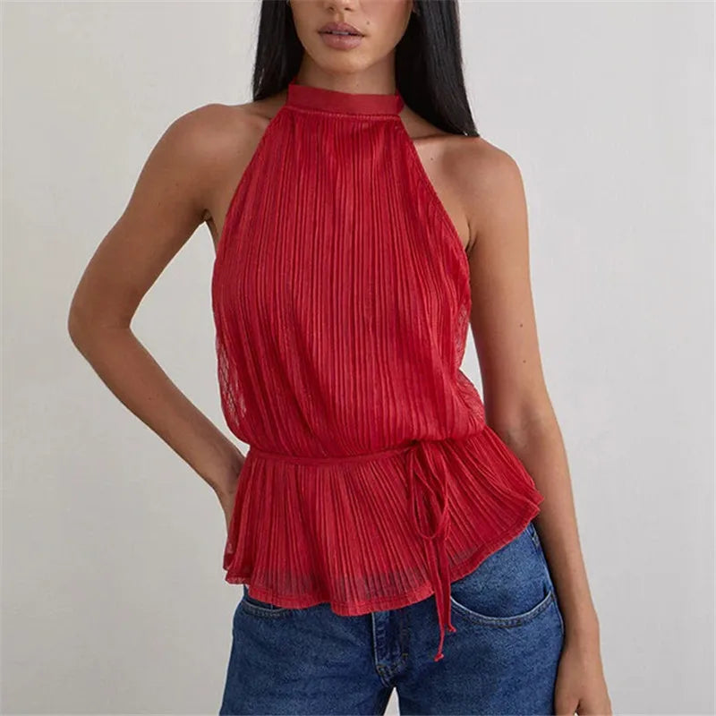 Y2K Summer Backless Halter Neck Crop Tops Sleeveless Tie Up Open Back Shirts Vest Women's Chiffon Pleated Tank Top