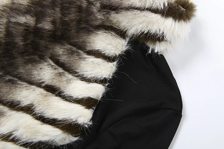 Tiger-Striped Plush Dress Women Patchwork Turtleneck Full Sleeve Skinny Autumn Winter Trend Street Fashion Mini Bodycon