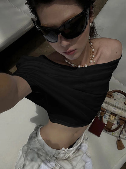 One Shoulder Crop Tops Women Folds Skinny Loose Summer Korean Style Simple Classic Casual Street Daily Harajuku Tops