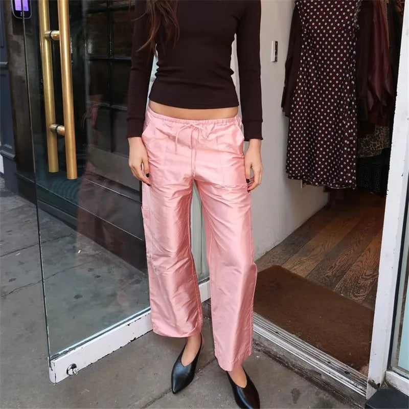 Women Glossy Satin Cargo Pants Drawstring Elastic Waist Loose Straight Leg with Pockets Y2K Casual Ankle Length Trousers