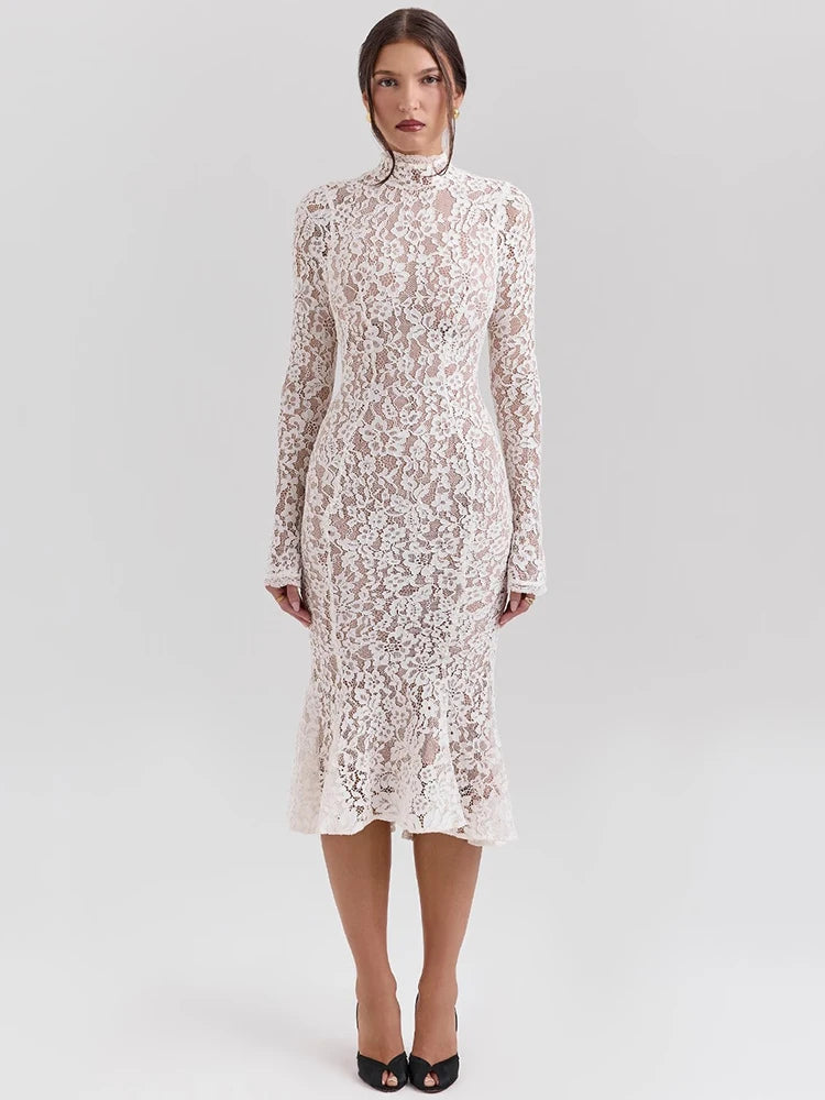 Lace Long Sleeve Sexy Midi Dress For Women Elegant White Half High Collar High Waist Bodycon Club Party Sexy Long Dress