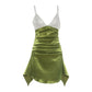 Patchwork Satin Dress Women Folds Sequin Chain V-Neck Irregular Hem Zipper Backless Fashion Sweet Chic Mini Bodycon