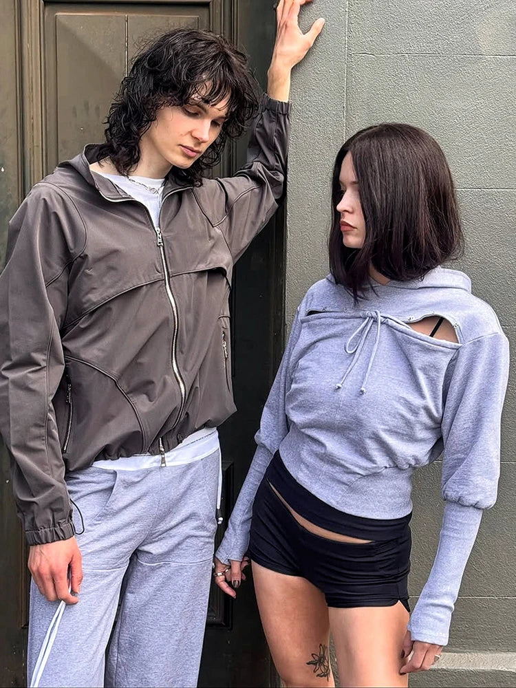 Hooded Crop Tops Women Single-Breasted Bandage Full Sleeve 2026 Autumn Fashion Leisure Comfortable Classic Streetwear