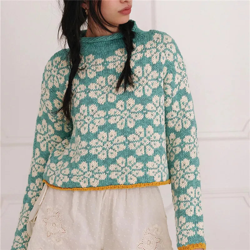Oversized Cropped Knit Sweater Women Roll Neck Floral Jacquard Pattern Contrast Trim Long Sleeve Loose Pullover Knit Top