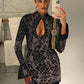 Lace Hollow Out Long Sleeve Sexy Mini Dress For Women Fashion Half High Collar Bodycon Club Party Dress Elegant Dresses