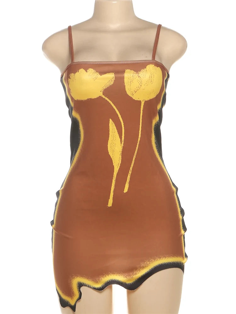 Y2K Irregular Hem Dress Women Chic Tulip Print Sleeveless Beach Vacation Midnight Party Clubwear Skinny Tight Bodycon