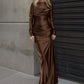 Fashion Silky Satin Long Dress Woman Autumn Trend o-Neck Full Sleeve High Waist Robe Daily Casual Ruched Elegant Vestidos