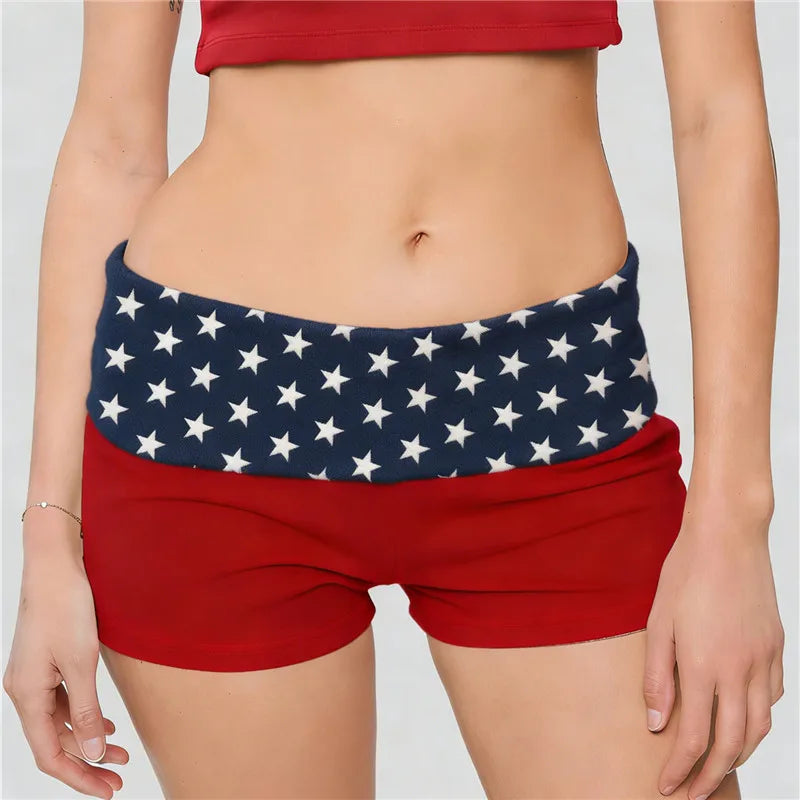 Womens Patriotic Shorts Casual Foldover Waist Stars and Stripes Print Slim Fit Shorts Streetwear Shorts Independence Day