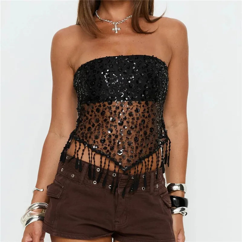 Edgy Black Sequin Mesh Tube Top Women Strapless Sheer Lace Fringe Trim Crop Top for Nightclub Party Rave Outfit