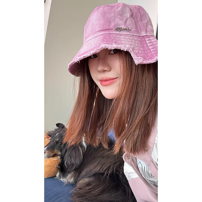 Vintage Denim Raw-Edge Sun Visor Fisherman Hat for Women