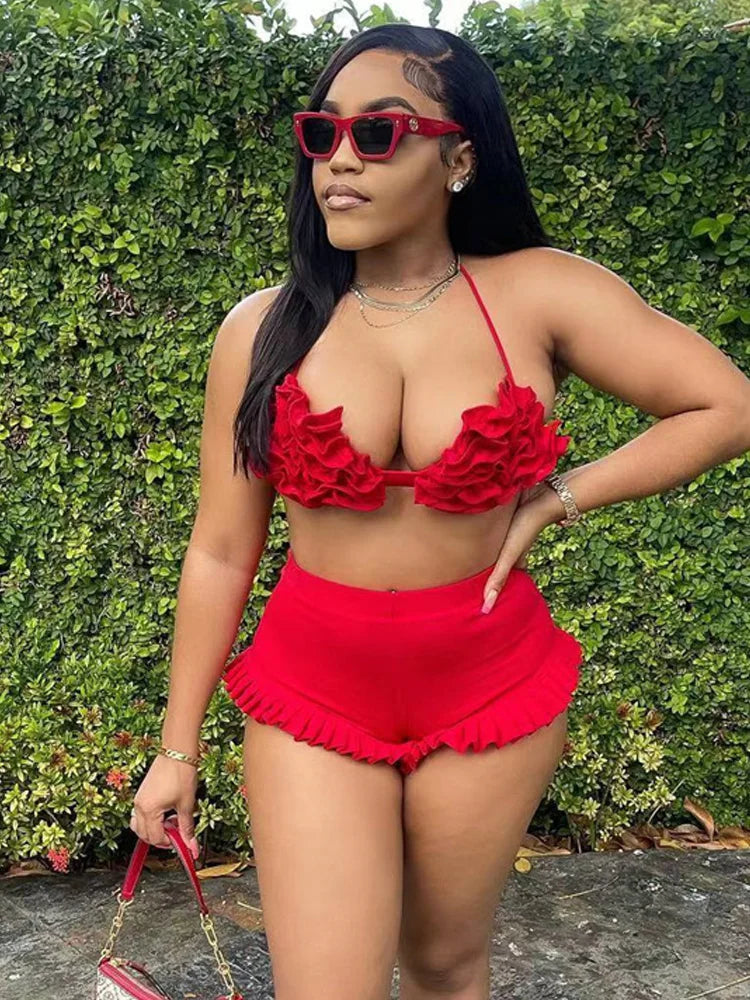 Beach Style 2 Piece Set Women Haltere Backless Ruched Bra+Ruffles Skinny Skirts Vacation Fashion Sexy Hipster Outfits