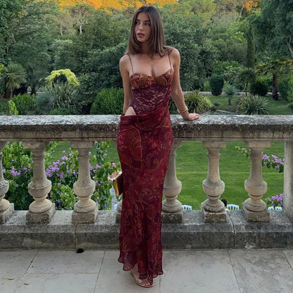 Floral Print Burgundy Maxi Dresses for Woman Sexy Bodysuit Mesh Patchwork Party Dress 2026