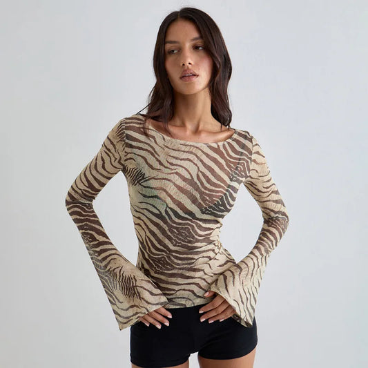 Mesh Sheer Animal Print Long Sleeve Top Women 2026 Fashion Trends Y2k T Shirt