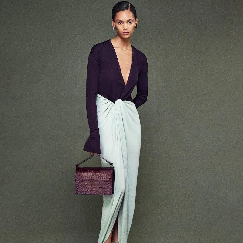 Elegant Deep V Neck Patchwork Spit Maxi Dress Long Sleeve Party Dresses Fashion Clothing Woman