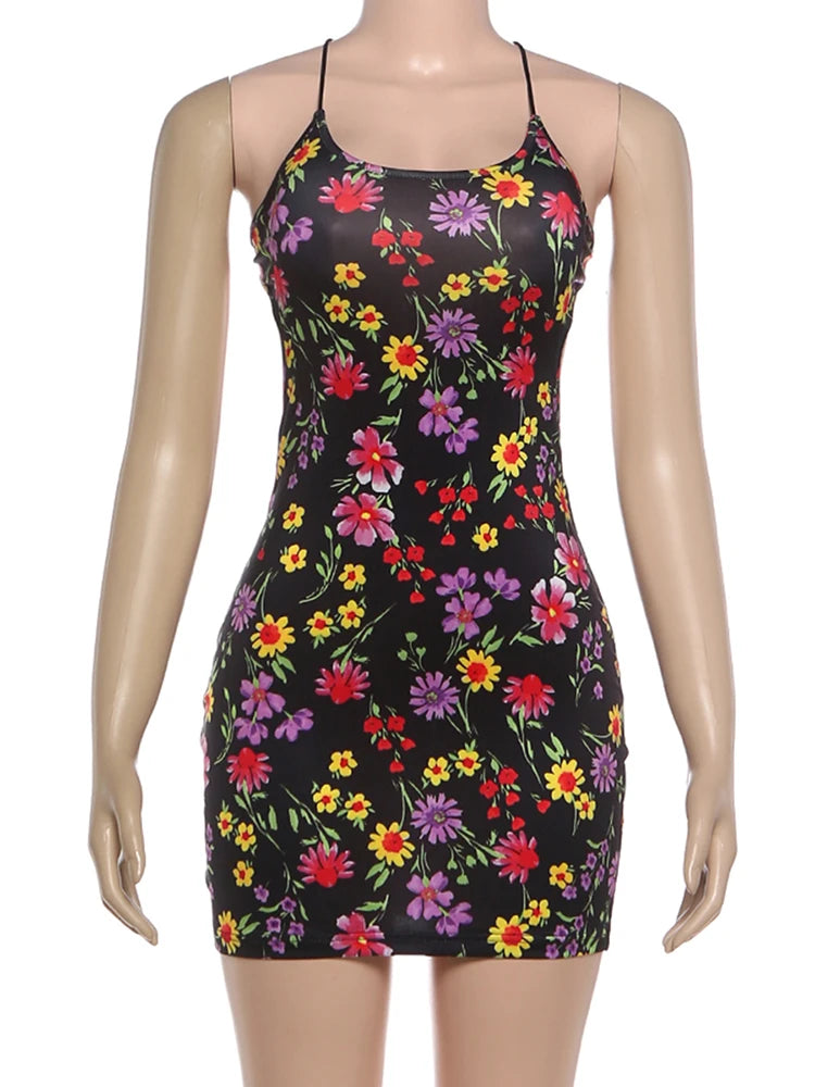 Colorful Floral Print Dress Women Low-Neck Cross Backless Sleeveless Skinny Sexy Fashion Beach Party Summer Mini Bodycon