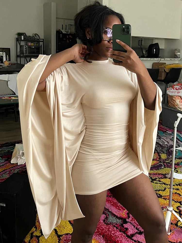 Sexy Bat Sleeve Dress Women Basic Classic Ruched O-Neck Stretch Skinny Coquette Midnight Party Club Peach Hip Bodycon
