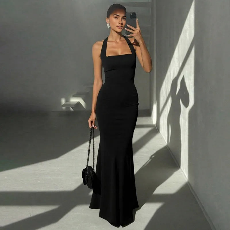 Square Neck Backless Fishtail Maxi Dress Elegant Black Evening Dresses for Woman for Party Wedding Guest