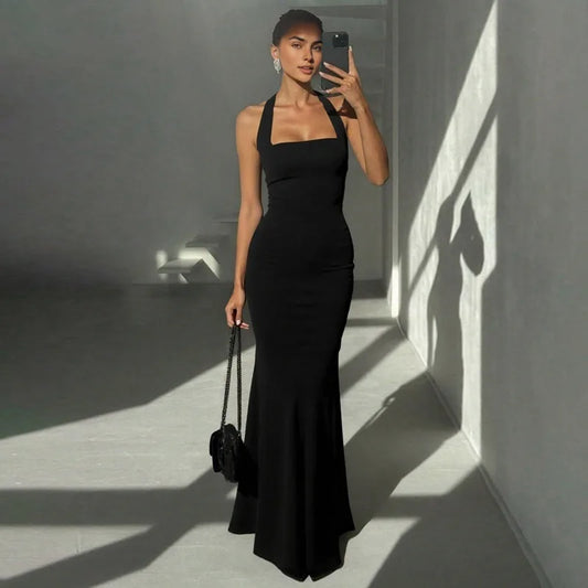 Square Neck Backless Fishtail Maxi Dress Elegant Black Evening Dresses for Woman for Party Wedding Guest
