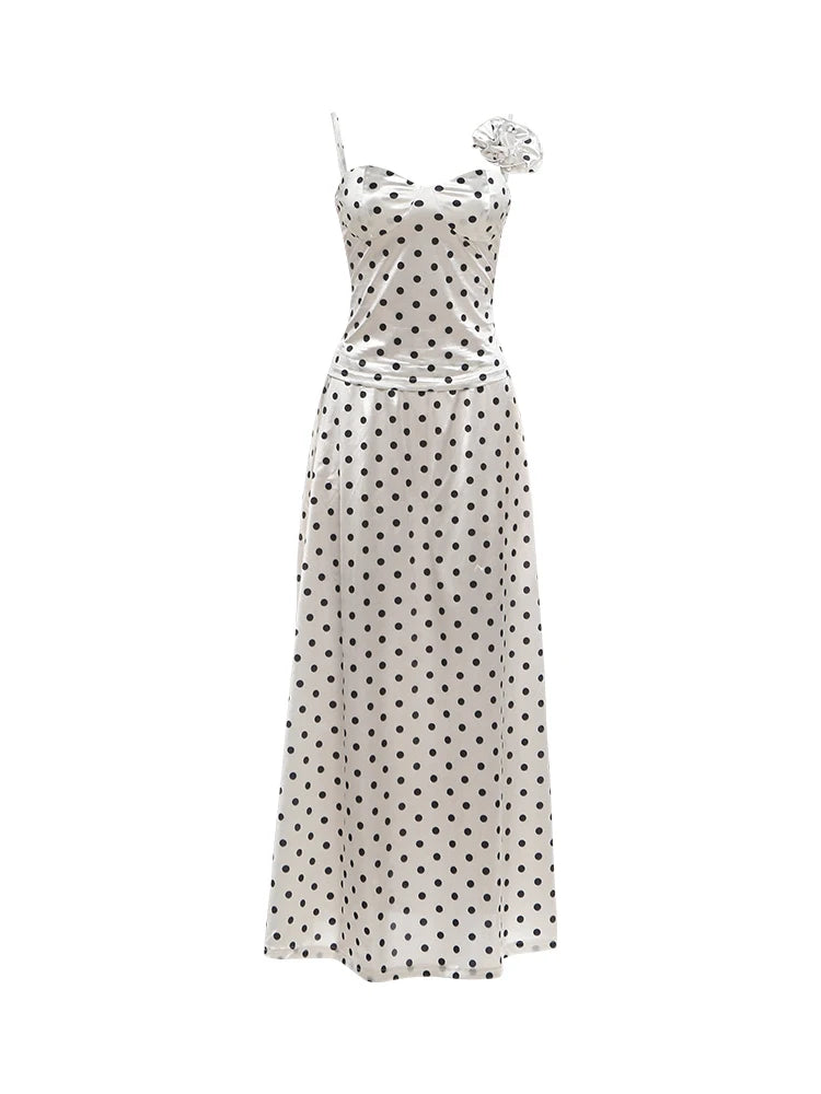 Elegant Polka Dot Print 2 Piece Set Woman 3d Flower Decoration Low-Neck Backless Camisole+Long Skirts Ruched Chic Outfits