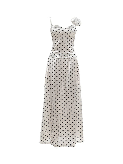 Elegant Polka Dot Print 2 Piece Set Woman 3d Flower Decoration Low-Neck Backless Camisole+Long Skirts Ruched Chic Outfits
