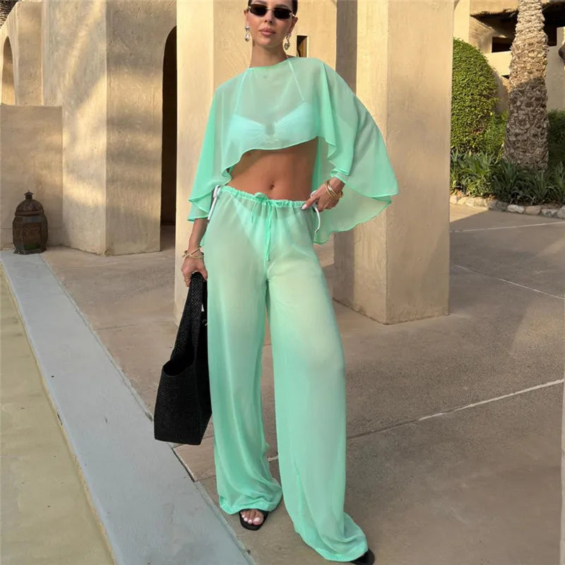 Y2K Retro Sheer Chiffon Cape 2 Piece Set Women Cropped Flowy Top Drawstring Wide Leg Pants Beach Street Matching Outfit