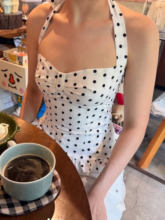 Polka Dot Print Top Women Halter Low-Neck Bandage Ruffles Backless Sleeveless Skinny Summer Trend Street Basic Vest