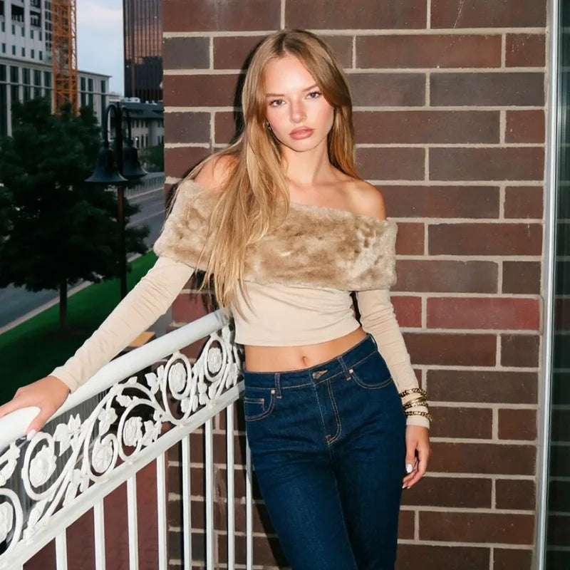 Off The Shoulder Long Sleeve Crop Top with Fuzzy Faux-fur Neckline 2026 Woman Fall Fashion T Shirts