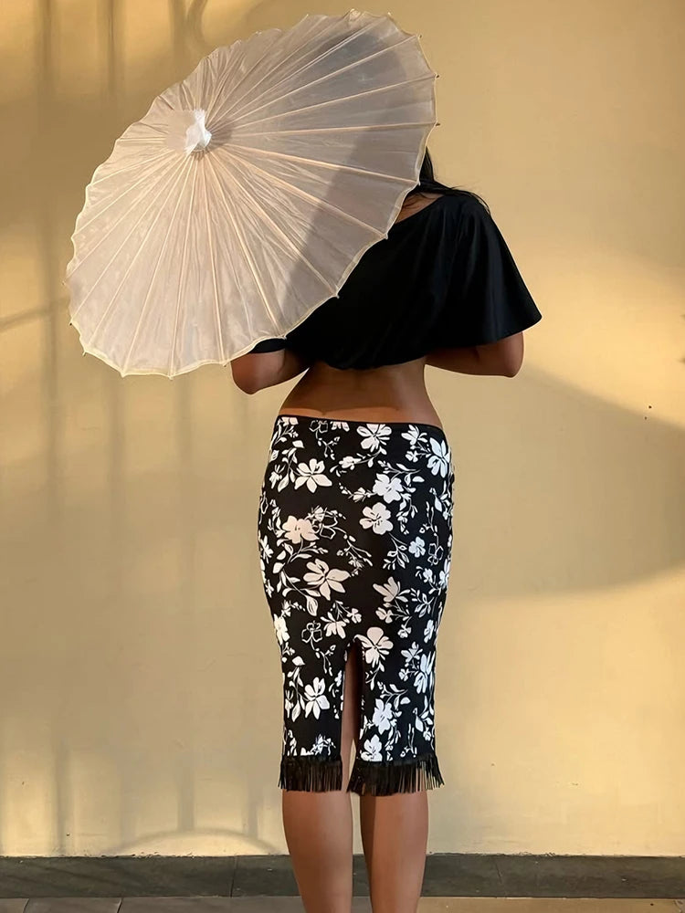 Back Slit Tassel Skirt Women Floral Print Elastic Waist Elegant Office Style Daily Summer Fashion Party Chic Streetwear