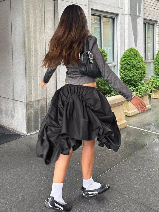 Casual Asymmetry Skirts Women Autumn Trend Pleats Simple Loose Stretch Streetwear Vacation Daily Classic Solid Bottom