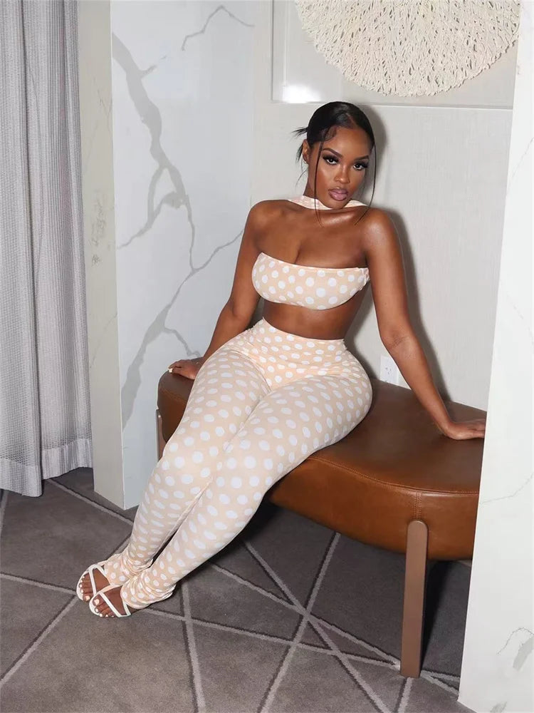 Hottie Polka Dot 2-Piece Set Women Halter Chest Wrapped Backless Top+Ruched Peach Hip Pants Stretch Skinny Clubwear