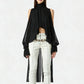 Chic Halter Neck Chiffon Blouse for Women Tie Back Asymmetrical Hem Flare Sleeve Sheer Mesh Top Casual Summer Party Club