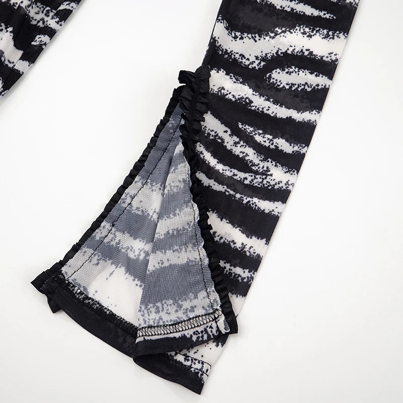 Agaric Patchwork Dress Women See Through Full Sleeve Hollow Zebra Print Full Sleeve Midnight Coquette Club Vestidos