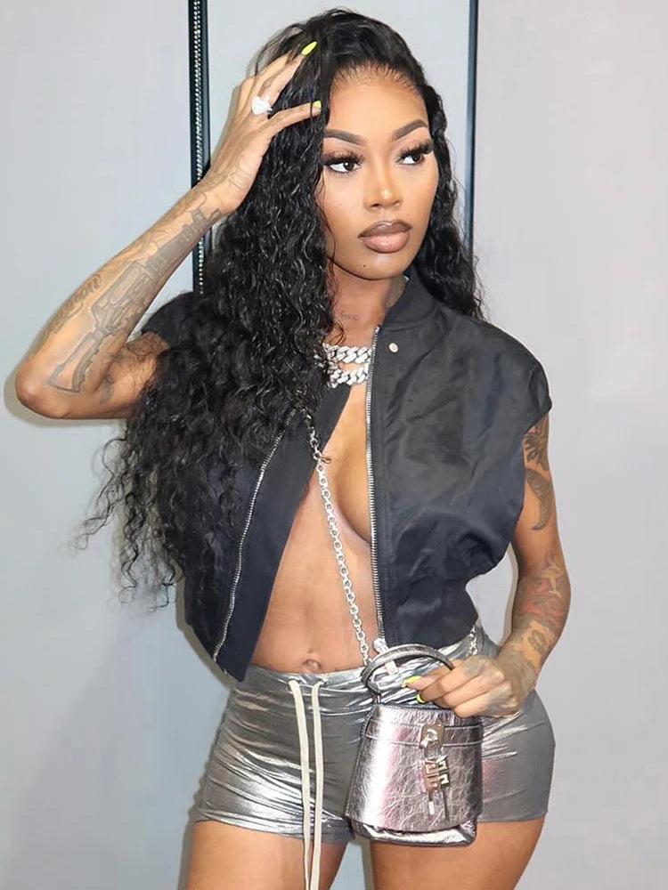 Zip O-Neck Top Women Snap Fastener Loose Casual Sleeveless Sexy Midnight Street Versatile Summer Trend Hottie Clothes