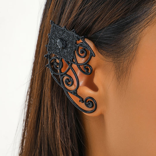 1Pair Gothic Punk Black Hollow Ear Cuff Earrings for Women Vintage Elf Fairy Clip Earrring Halloween Jewelry Accessories Gift