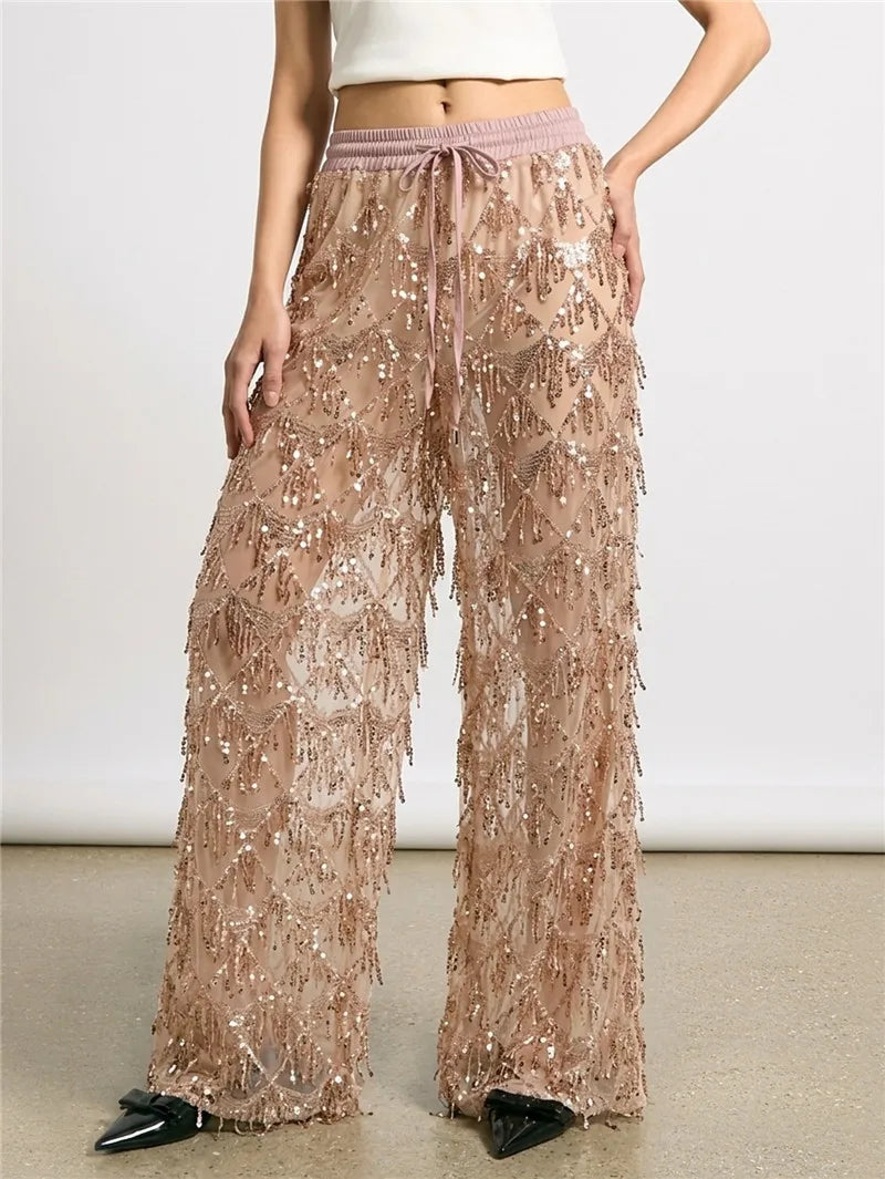Sheer Mesh Sequin Fringe Wide Leg Pants Drawstring Elastic Waist See Through Beach Cover Up Palazzo Pants Party Clubwear
