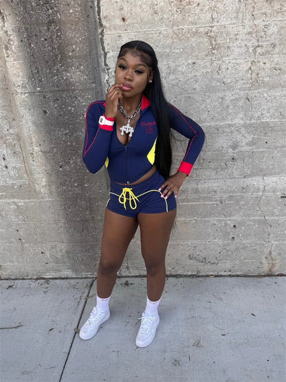 Sporty Tracksuit 2-Piece Set Women Patchwork Zip Letter Print Jackets+Drawstring Shorts Matching Simple Casual Outfit
