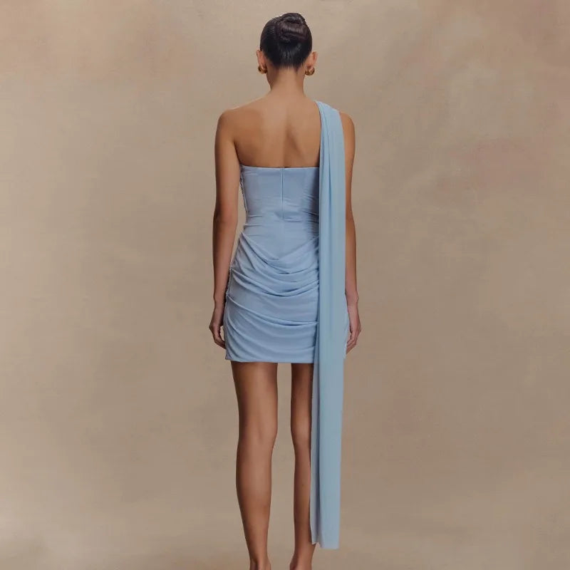 Mesh One Shoulder Corsets Mini Dresses Elegant Sexy Blue Summer Dress Woman 2025 Party Outfits
