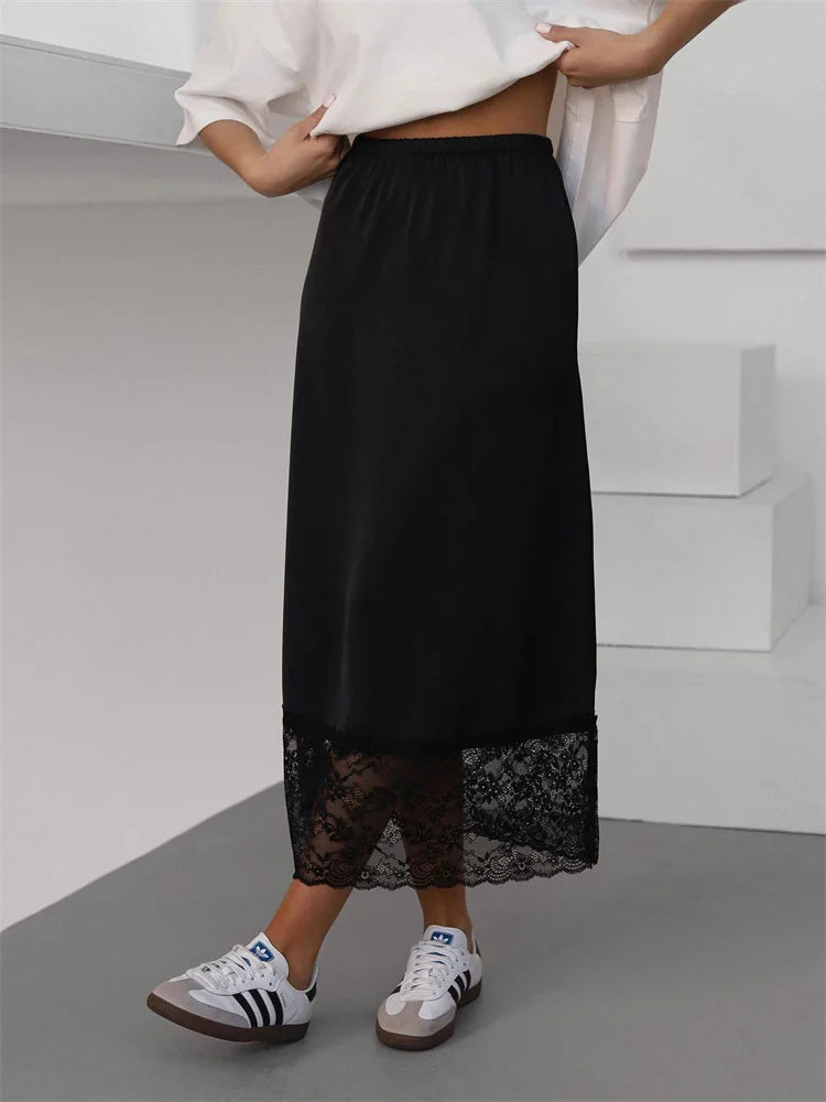 White Casual Lace Long Skirt For Women Slim High Waist Patchwork Elegant Commute Clothes Summer Female Maxi Skirt New