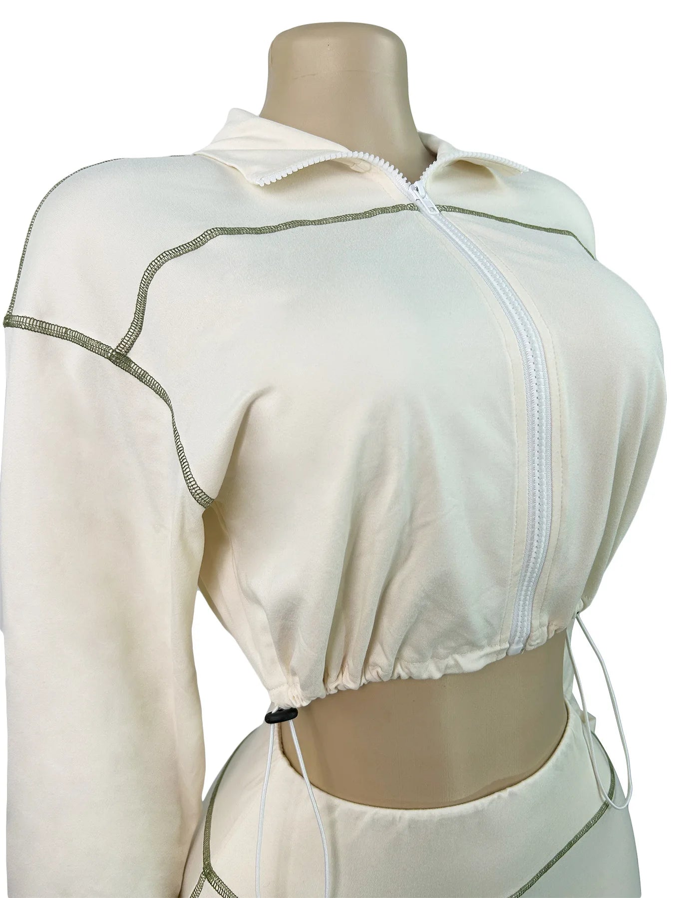 Patchwork 2 Piece Set Women Tracksuit Zip Shirring Hem Crop Jacket+Elastic Leggings Casual Daily Street Sporty Suits